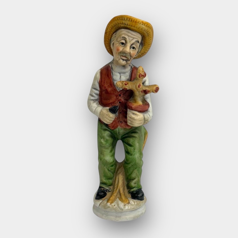 Ceramic Farmer Figurine Straw Hat Hand Painted‎ Rustic Shelf Decor